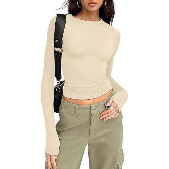 1pcs Woman Clothing Long Sleeve T-shirt Slim Fit Top Female O-Neck Knitted Sheath Tee Shirt Street Wear Sexy Sport Solid Tshirt