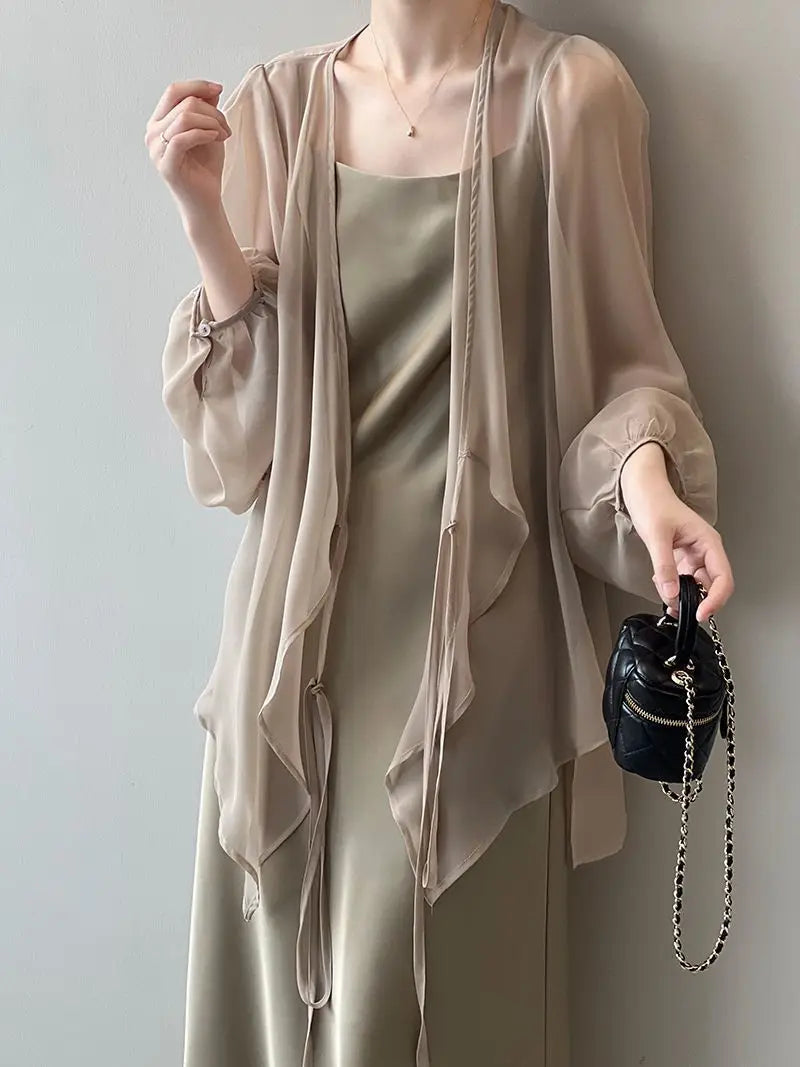 Shirts Women V-neck Loose Long Sleeve Open Stitch Korean Style Lace-up Simple Solid Summer Chiffon Breathable Minimalist Stylish