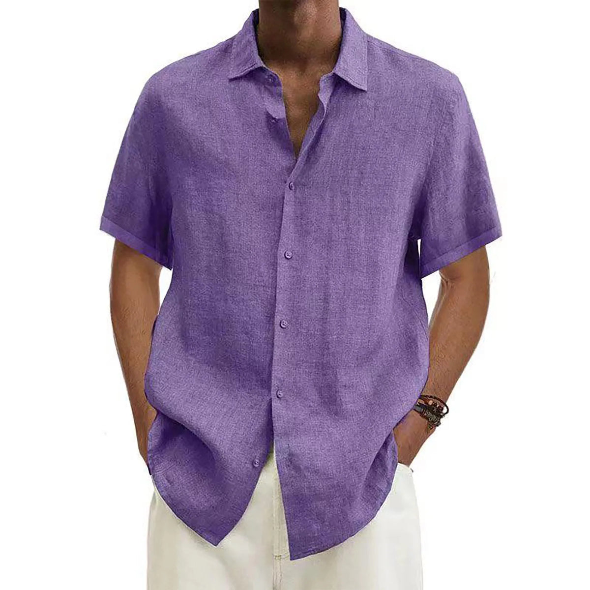 ISHOWTIENDA Men's Cotton Linen Short Sleeve Casual Shirt - Solid