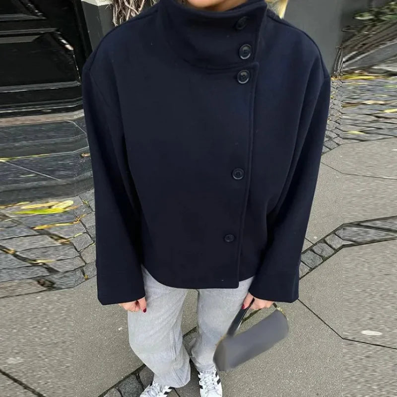 Stand Collar Women Winter Woolen Coat 2025 Spring Single Breasted Loose Female Long Sleeve Jacket Office Lady Street Short Coats