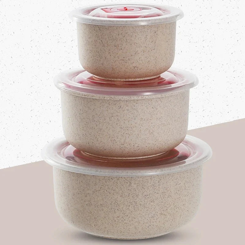 Three piece set of wheat straw preservation bowl with lid, household microwave plastic round lunch box