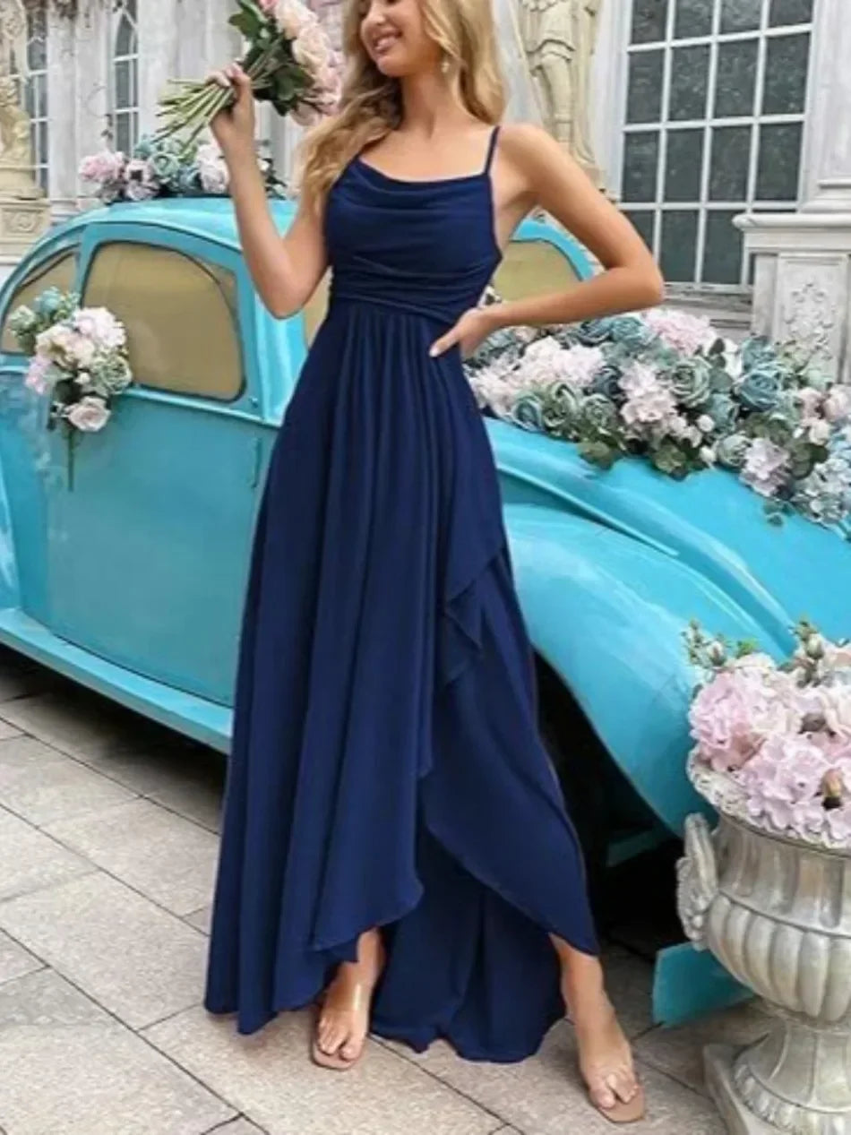 Wedding Party Gown Prom Elegant Pink Spaghetti Strap Draped Cowl Neck Women's Formal Evening Gowns Chiffon High Low Maxi Dresses