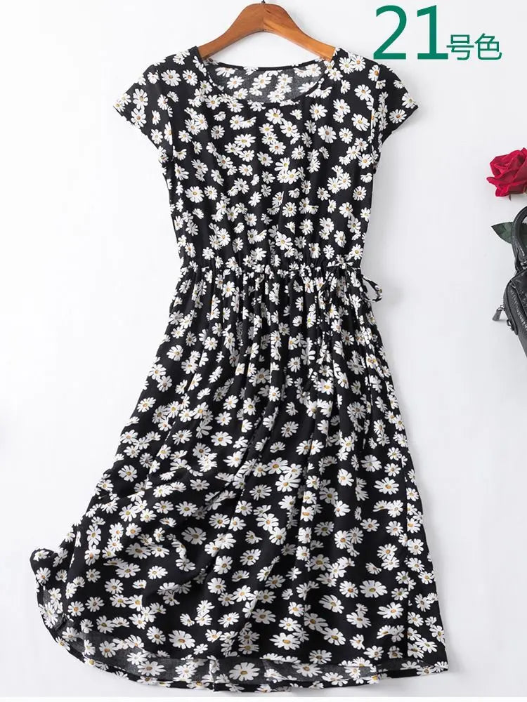 Cotton Silk Dress Women's Short Sleeved 2026 Summer New Ladies Slim Round Neck Temperament Beach Print Dresses