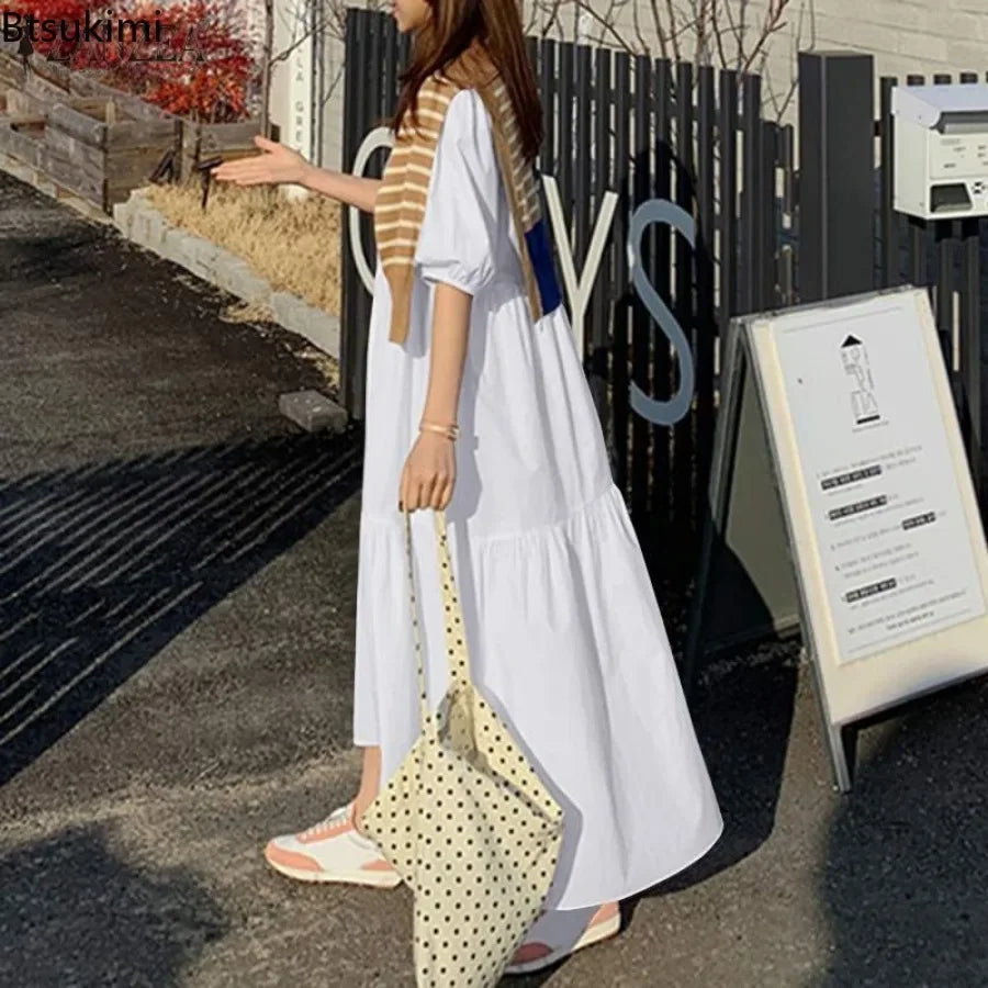 2026 Fashion Puff Short Sleeve Dress for Women Summer Solid Casual Sundress Comfort Cotton Maxi Dress Modest Robe Vestidos Femme