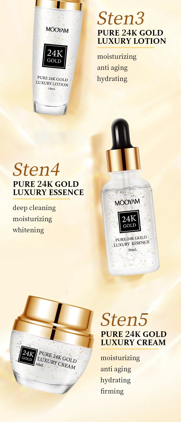 24K Gold LUXURY Moisturizin Anti-Wrinkle Set Reduces Fine Lines Repairs Skin Hydrates Brightens Anti-Aging Firming Skin care