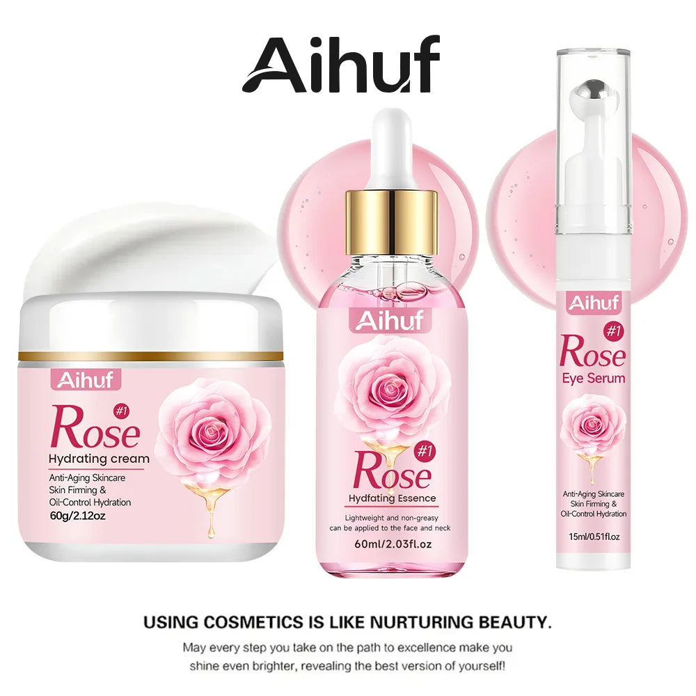 AIHUF Anti-Aging Facial Skincare Set with Rose Day Night Cream And Eye Cream for Dark Circles Puffiness Moisturizing And Firming