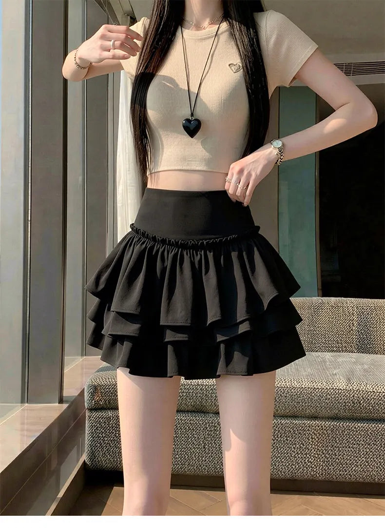 Blooms Ruffle Mini Skirt Elastic Waist with Bulit-in Shorts Tiered Short Skort Women Teen-girl Cute Sukapan Jirai Kei Y2K