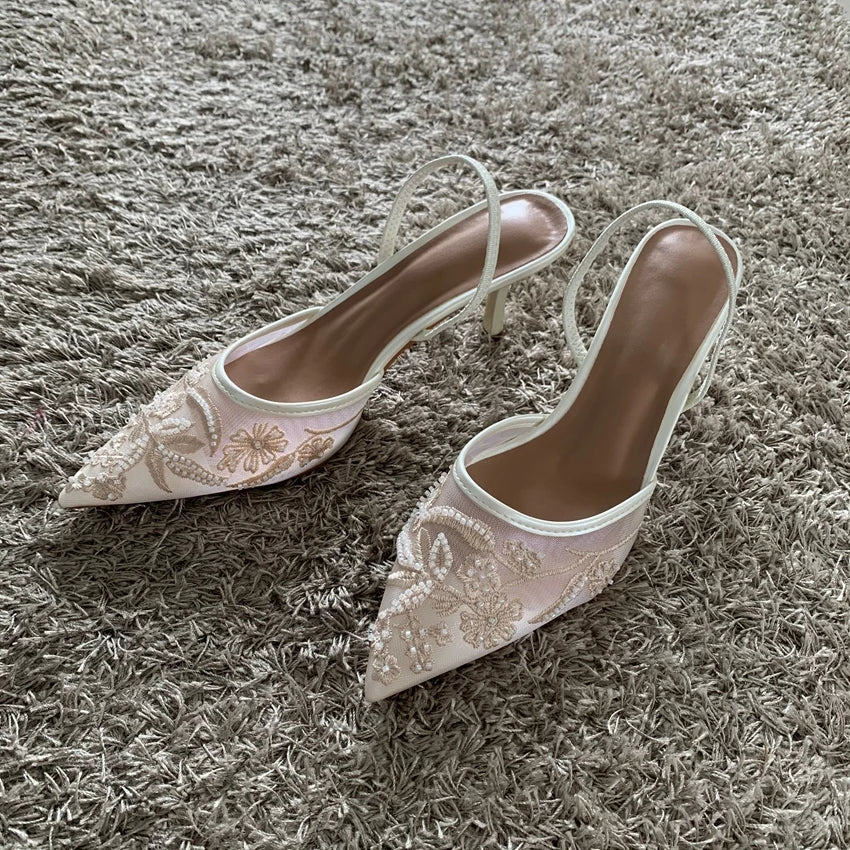 Mesh Embroidered Thin High Heels Sandals Women 2025 Summer Sexy Slingback Pointed Toe Pumps Dress Shoes Woman Sandalias De Mujer