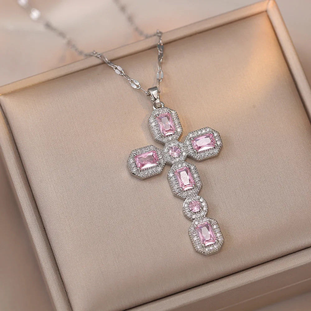 Luxury Big Cross Pendant Clavicle Necklaces For Women'S Silver Gold Color Square Pink White Zircon Choker Valentine Jewelry Gifts