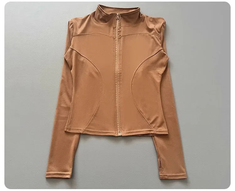 Women's Workout Jacket Stretch Fitted Zip Front Long Sleeve Running Yoga Slimming Waist-Cinching Stand Collar Quick-Dry Sportswe
