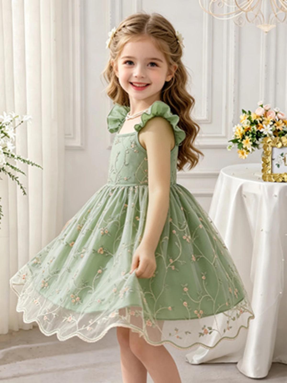 Girls' Green Floral Tulle Princess Dress, Summer Flutter Sleeve Spaghetti Strap Puffy Skirt, Sweet Kids' Dress