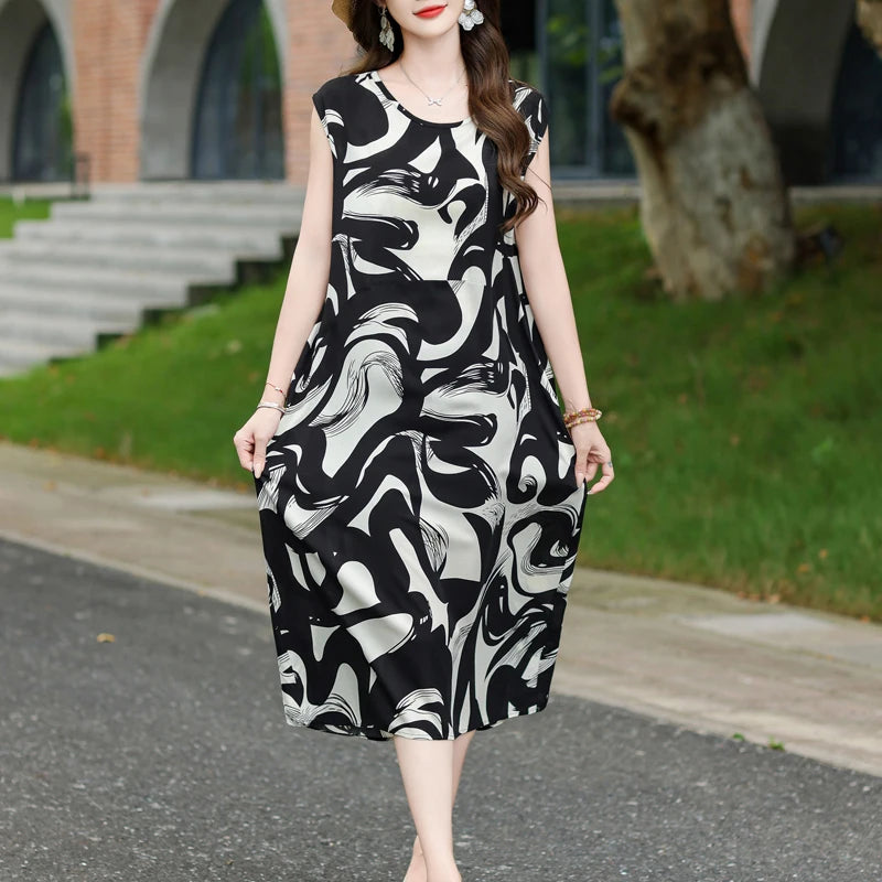 New Fashion Vintage Floral Print  Sleeveless Casual Party Femme Summer Dresses For Women 2025 O-neck Straight Women Clothing