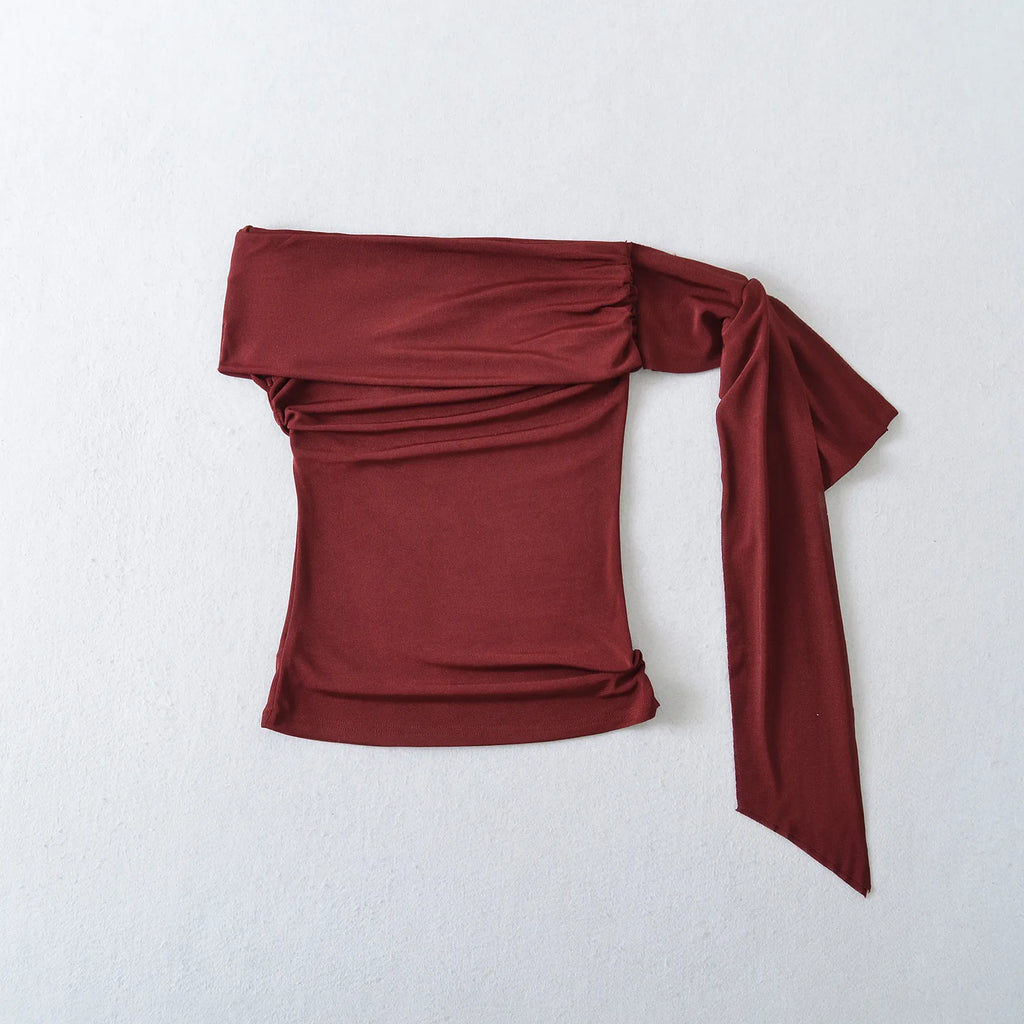 Sexy Pure Desire Short Sleeve T-Shirt Women's Spicy Girl Sash One Shoulder Tube Top Short Length Slim Fit Casual Noble