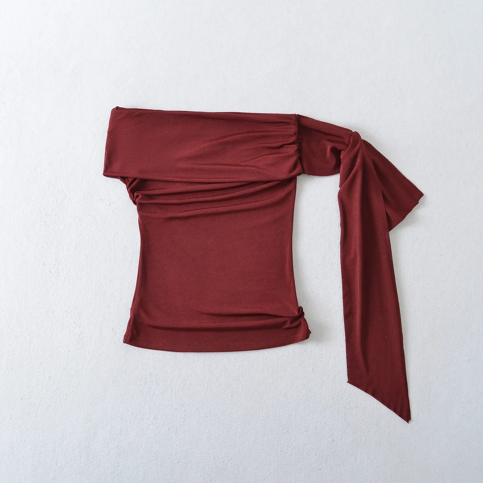 Sexy Pure Desire Short Sleeve T-Shirt Women's Spicy Girl Sash One Shoulder Tube Top Short Length Slim Fit Casual Noble