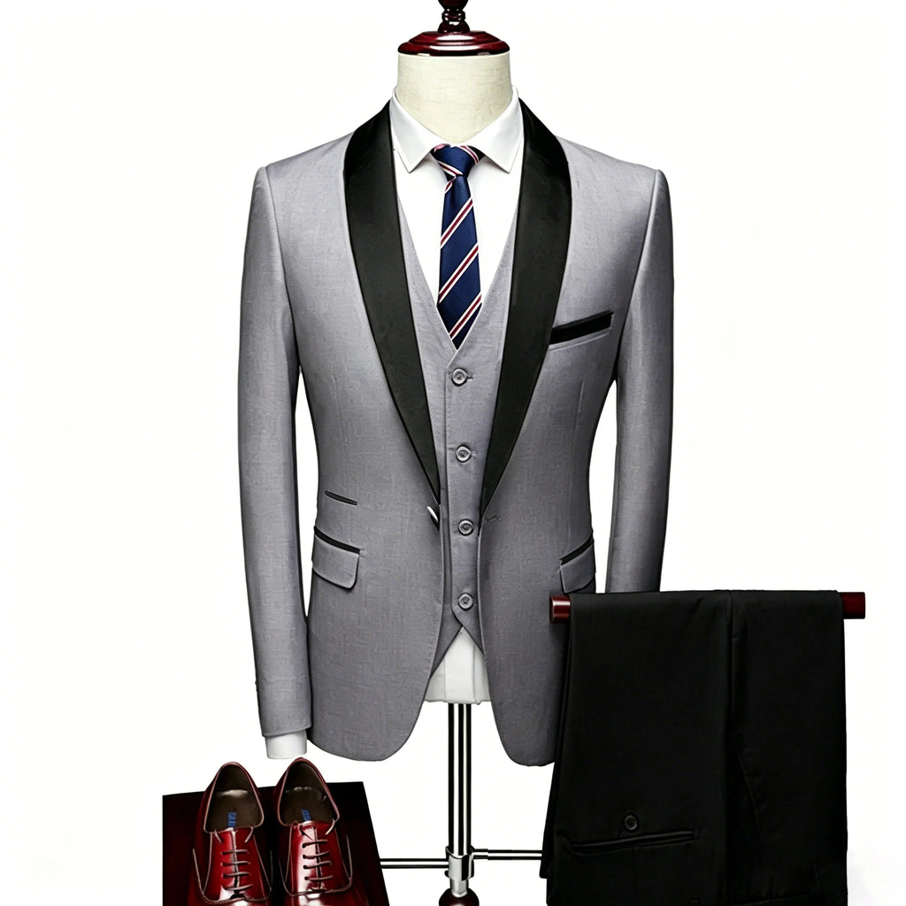 US Size XXS-3XL Men's 3 Piece Tuxedo Suit Set, Black Satin Shawl Lapel Slim Fit Blazer Vest Pants for Wedding Groom Party Prom