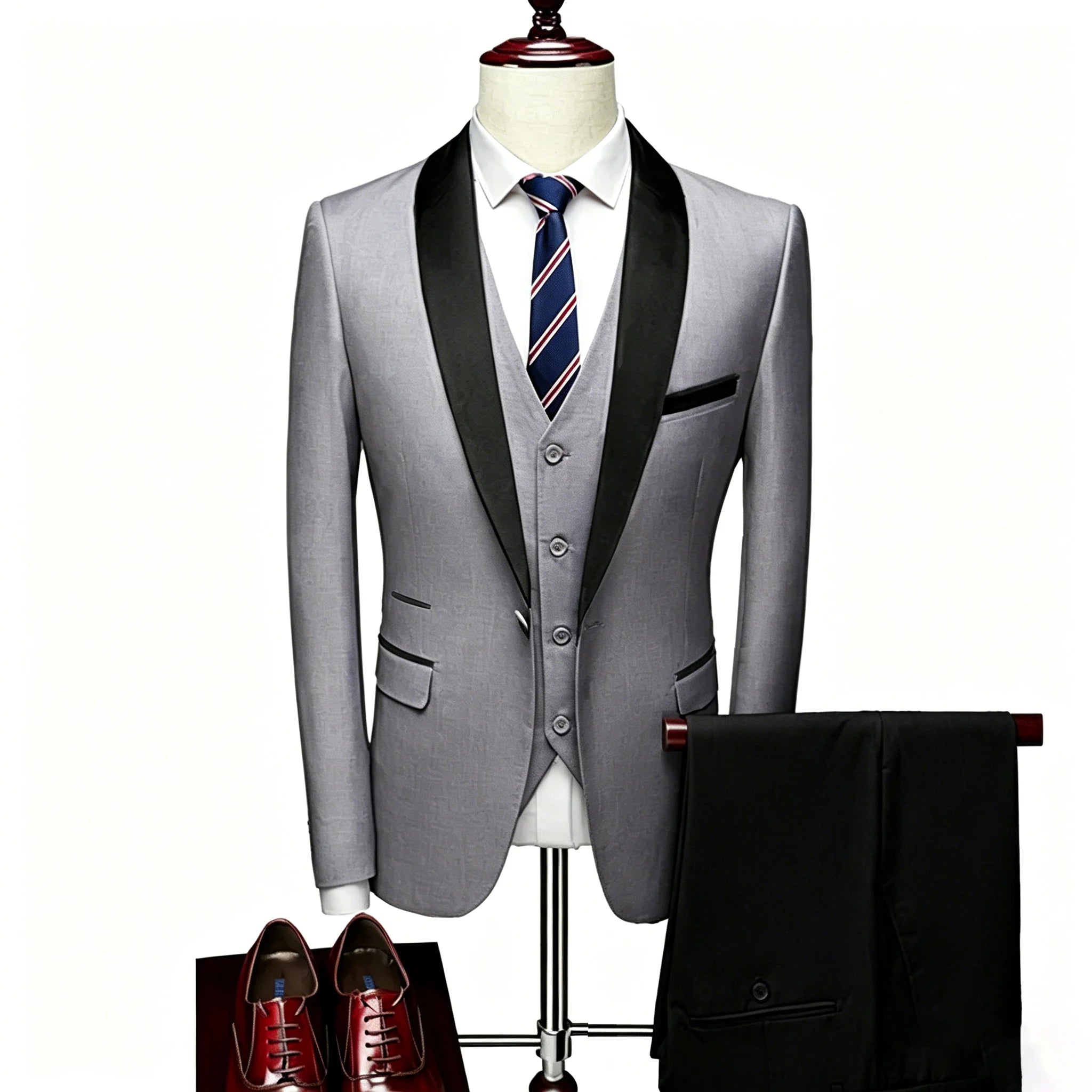 US Size XXS-3XL Men's 3 Piece Tuxedo Suit Set, Black Satin Shawl Lapel Slim Fit Blazer Vest Pants for Wedding Groom Party Prom