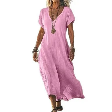 Independent Station Loose Solid Color V-neck Cotton and Linen Women's Dress