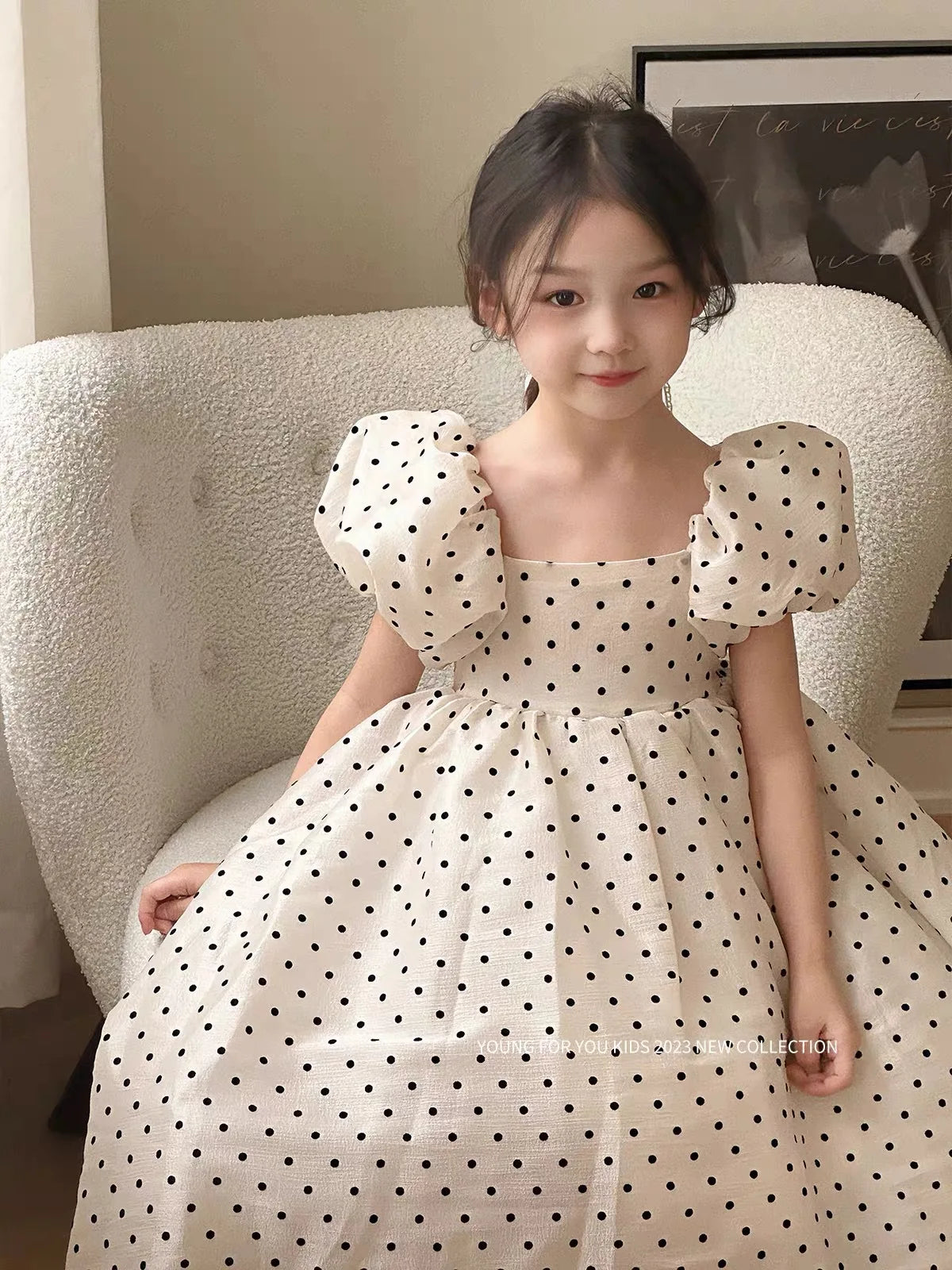 In-stock summer dress with puff sleeves for girls, princess dress for older girls, pearl gauze dress