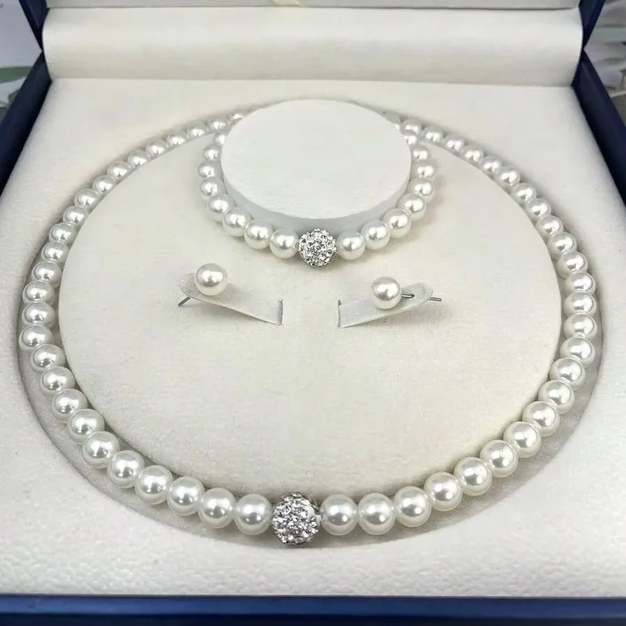 3 Pcs Set Imitation Pearl Fireball Necklace Bracelet Earring Stud Jewelry Set Silver Color Crystal Stone Elegant Bridal Jewelry