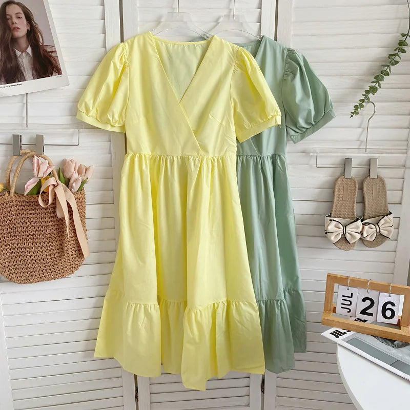 Retro Elegant  Color V-neck Bubble Sleeve Waist-cinching Slimming Casual Lace Trim Dress Women Summer Midi Dress