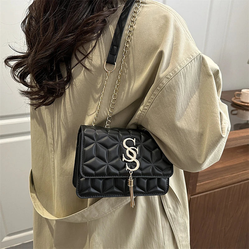 Fashionable Small Fragrant Style Argyle Quilted Small Square Bag Metal Letter Tassel Diagonal Cross Bag Commuter Shoulder Bag