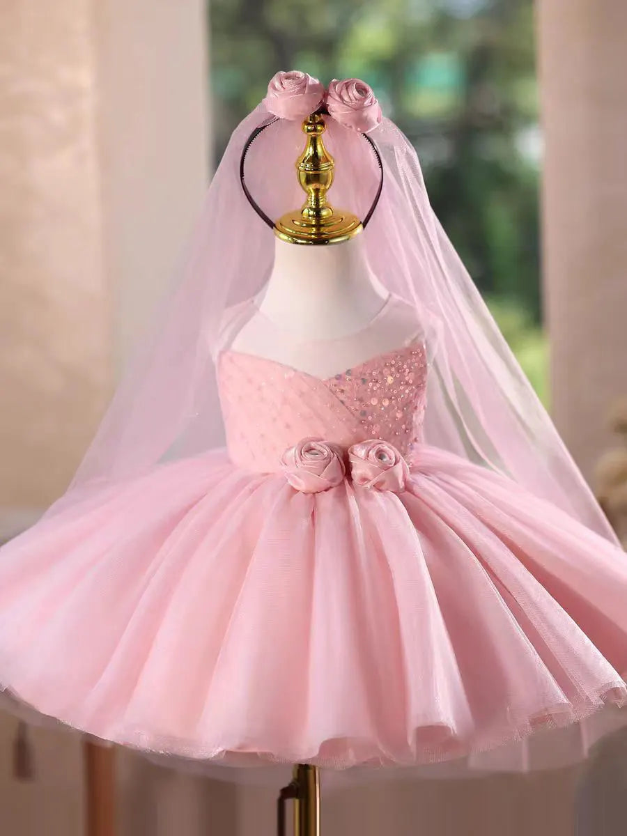 Dreamy Vow D153 Pink Flower Girl Dress Handmade Flowers with Headwear Kids Wedding Birthday Holiday Party Pageant Festival Gown