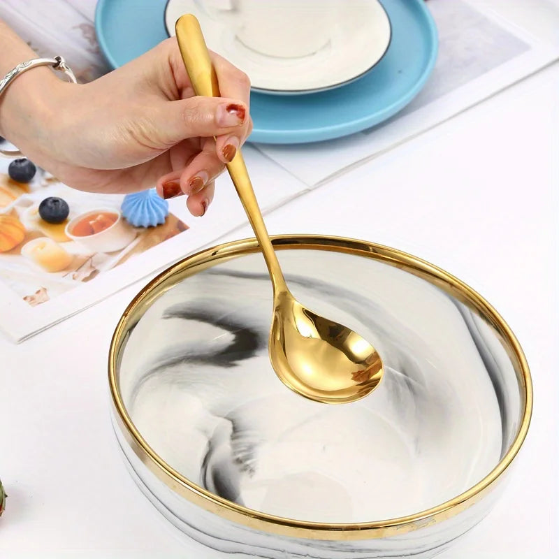 2 Cucharas Grandes de Acero Inoxidable Dorado, para Olla Caliente, Sopa, Gachas - Mangos Largos, Utensilios Elegantes de Cocina y Comedor, Cuchara