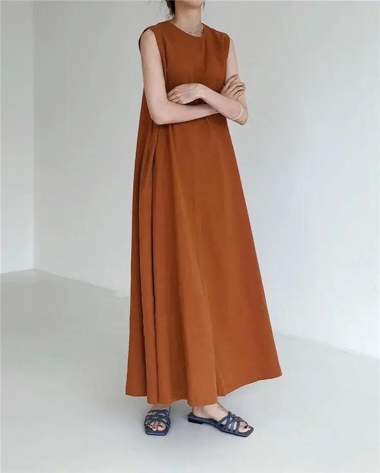 Korean Fashion Women Dress Casual Round Neck Loose Solid Color Casual Big Swing Sleeveless Long Linen Lazy Style Vestidos