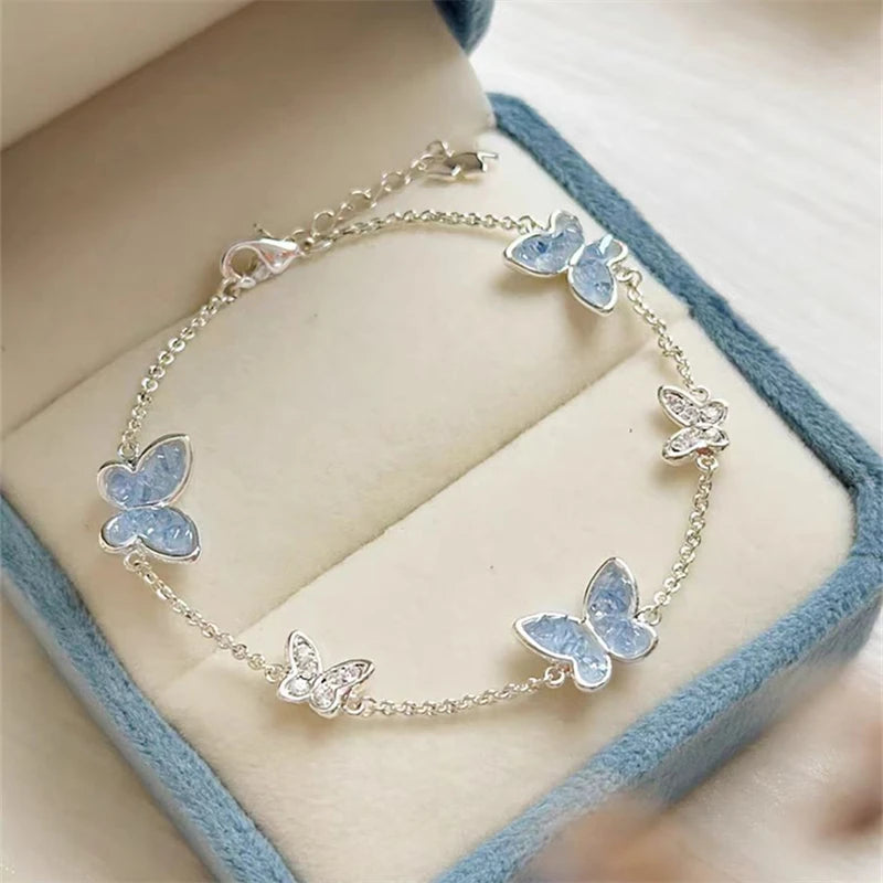 Light Luxury Shiny Zircon Butterfly Bracelet For Women'S Blue Rhinestone Double Butterfly Necklace Earring Set Girls Jewelry