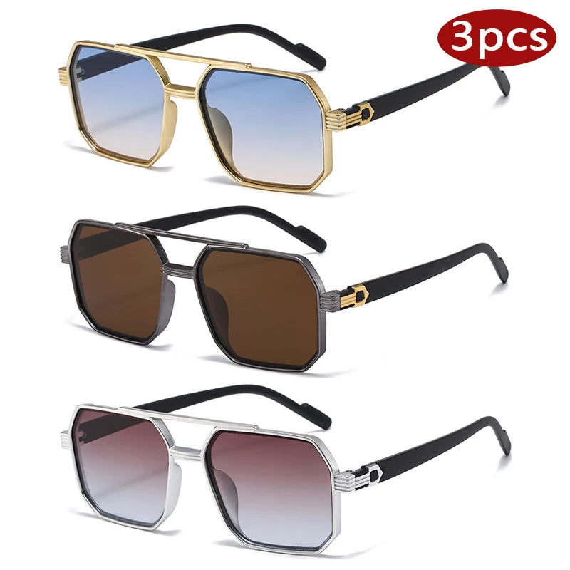 Car Sun Glasses 3pcs Retro Large Frame Square Sunglasses Classic Double Beam Metal Frame Glasses Fashion Men'S Gradient Eyewear