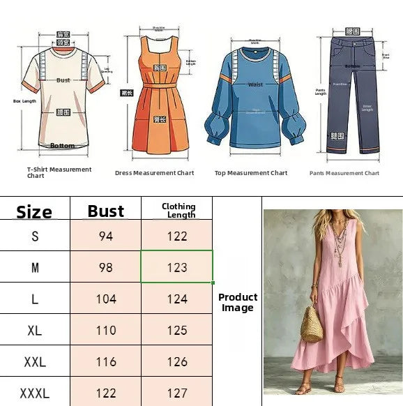 Summer 2026 New Arrival French Style Sleeveless V-Neck Asymmetrical Long Dress with Ruffle Hem Elegant Casual Tourist Wear