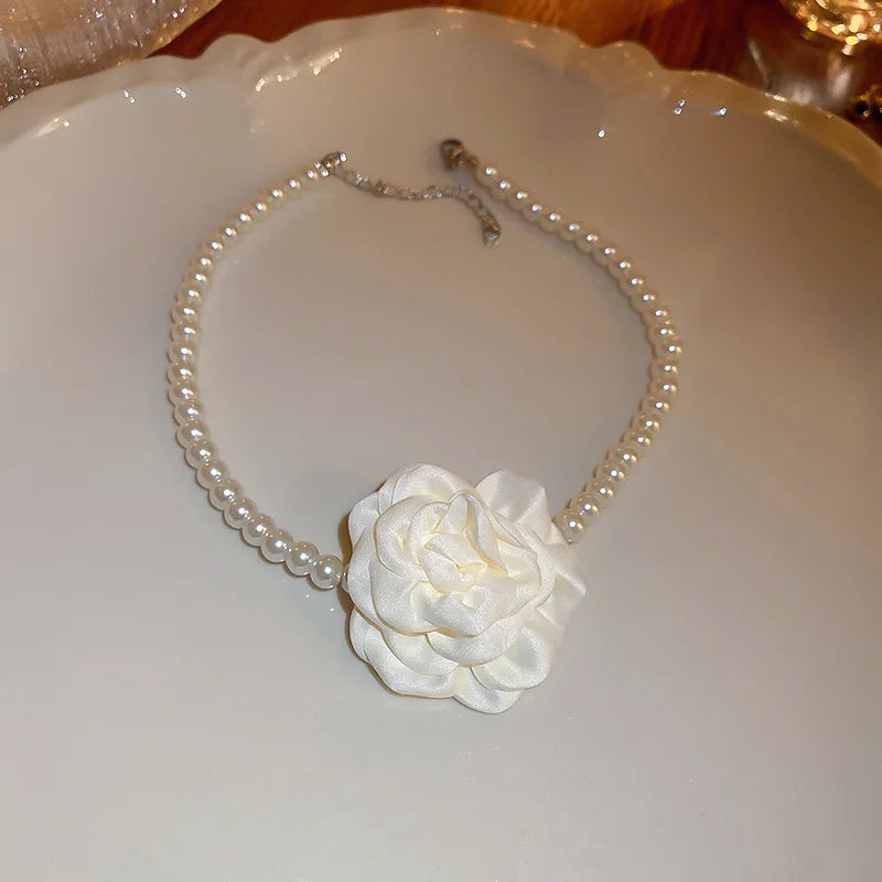 4 Pcs Jewelry Sets For Women'S Fabric Flowers Necklace Bracelet Earrings French Fashion Retro Style Girl Accessories Set