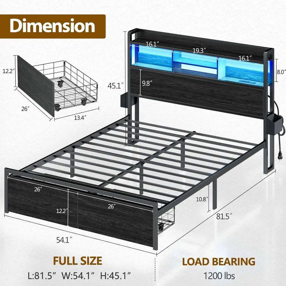 Full Size Bed Frame with Wood Headboard, Metal Platform Bed Frame Full Size with 2 Storage Drawers and Shelf, LED Light