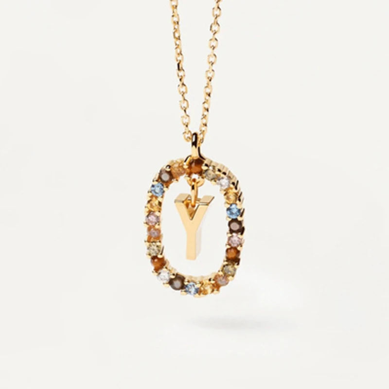 New 925 Sterling Silver Gold Letters A - Z Initial Necklace Zirconia Letter Pendant Long Chain Say My Name Fine Jewelry