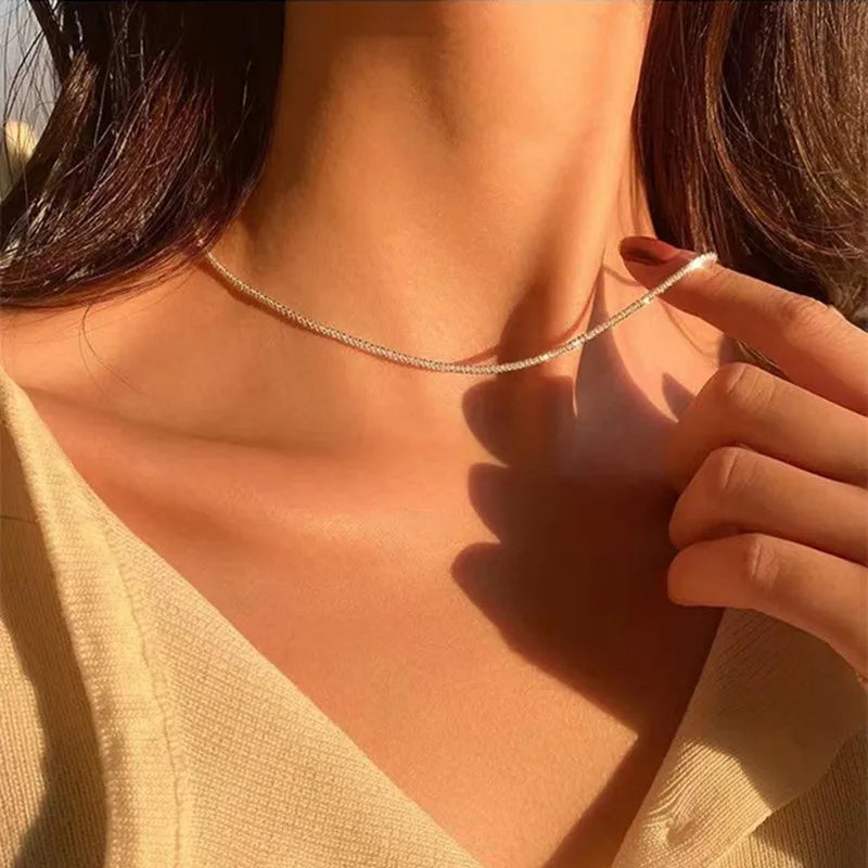 Sparkling Necklace Trendy Chain Choker for Women Fashion Brilliant Crystal Silver Plated Necklaces Accessories Jewelry Gift 2024