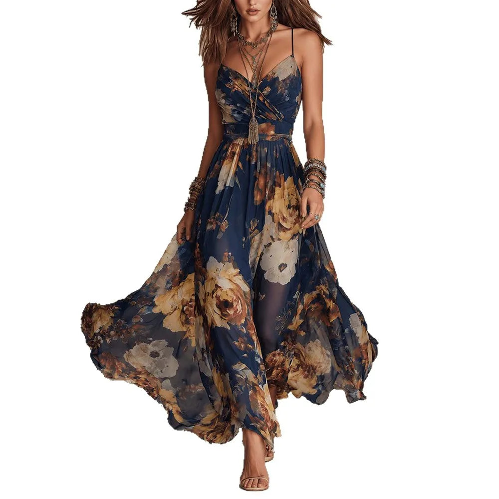 New Women Boho Floral Print Maxi Dress Elegant Spaghetti Strap V Neck Sleeveless Slim Waist A-Line Long Flowing Beach Sundress