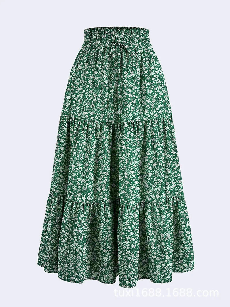 1PC Women's Summer Solid Color Bohemian A-line Midi Skirts 2026 New Female Vacation Casual Loose Faldas
