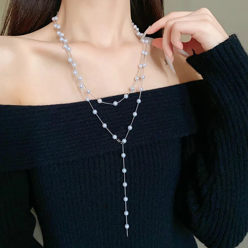 Elegant Double-layer Simulated Pearl Chain Necklaces Women Exquisite Bikini Dress Necklace Beach Jewelry Dinner Party Gift K-