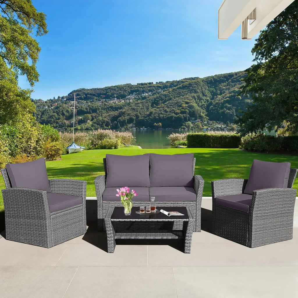 4PCS Patio Rattan Furniture Set Outdoor Sofa with Cushions & Coffee Table for Garden Porch Balcony, Customized