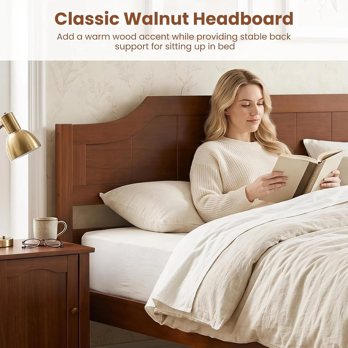 GIANTEX Full Size Wooden Bed Frame with Headboard, Wood Slat Support | Farmhouse Platform Bed with Heavy Duty Mattress Foundatio
