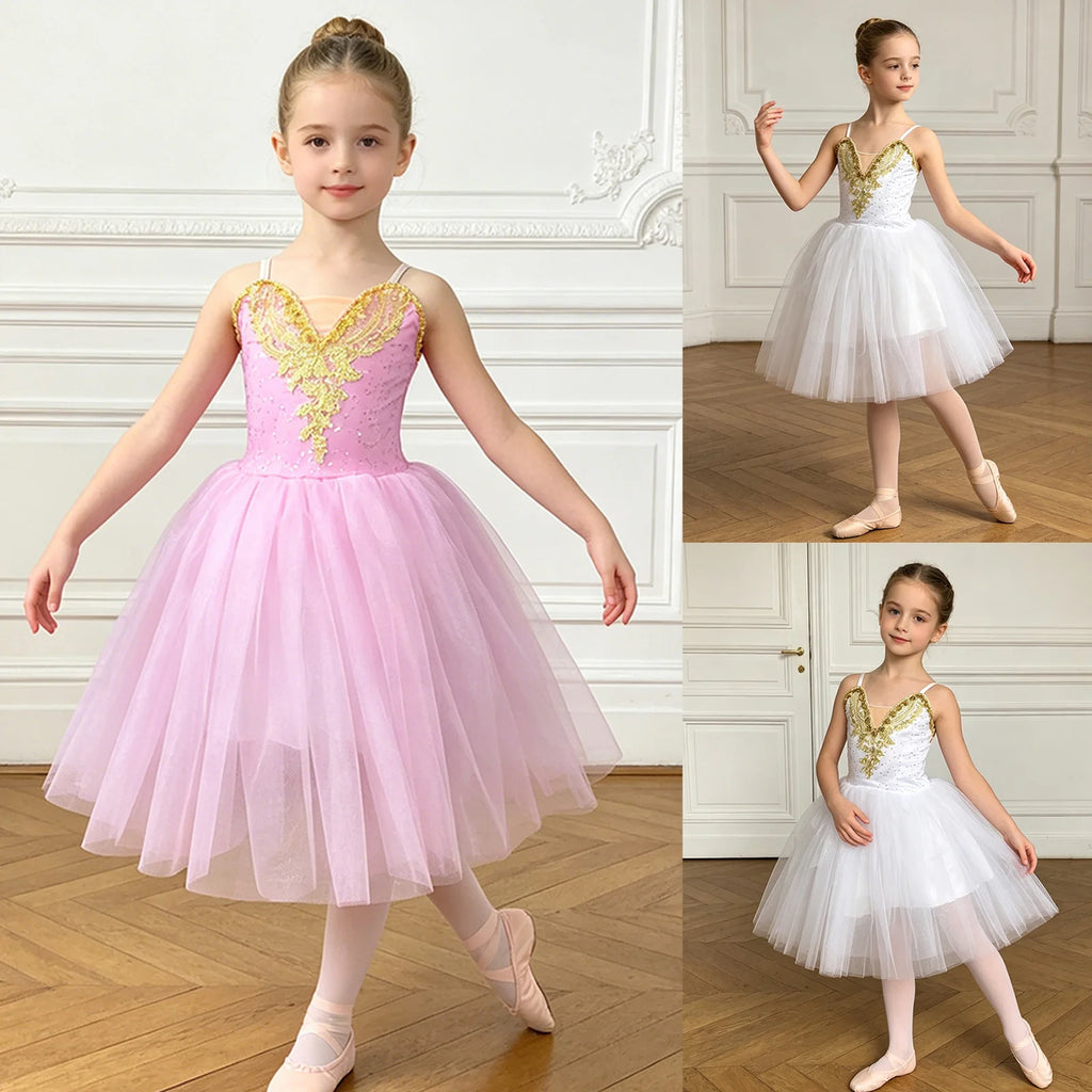 Kids Girls Ballet Dance Leotard Dress Ballerina Costume Professional Performance Dancewear Adjustable Strap Tulle Tutu Dress