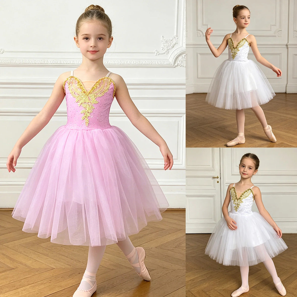 Kids Girls Ballet Dance Leotard Dress Ballerina Costume Professional Performance Dancewear Adjustable Strap Tulle Tutu Dress