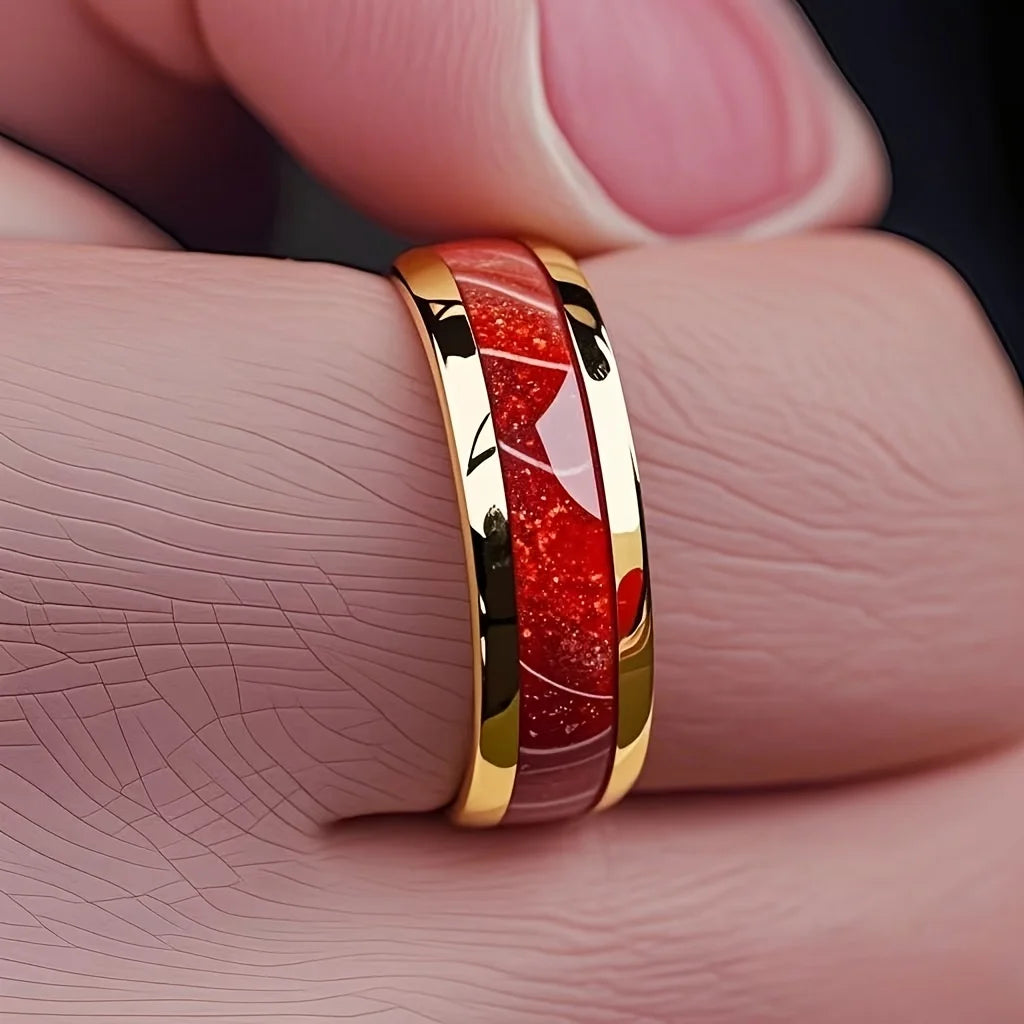 8MM Fashion Men Women Red Stainless Steel Rings Unique Wedding Engagement Band Jewelry Party Unisex Steel Ring Accessories