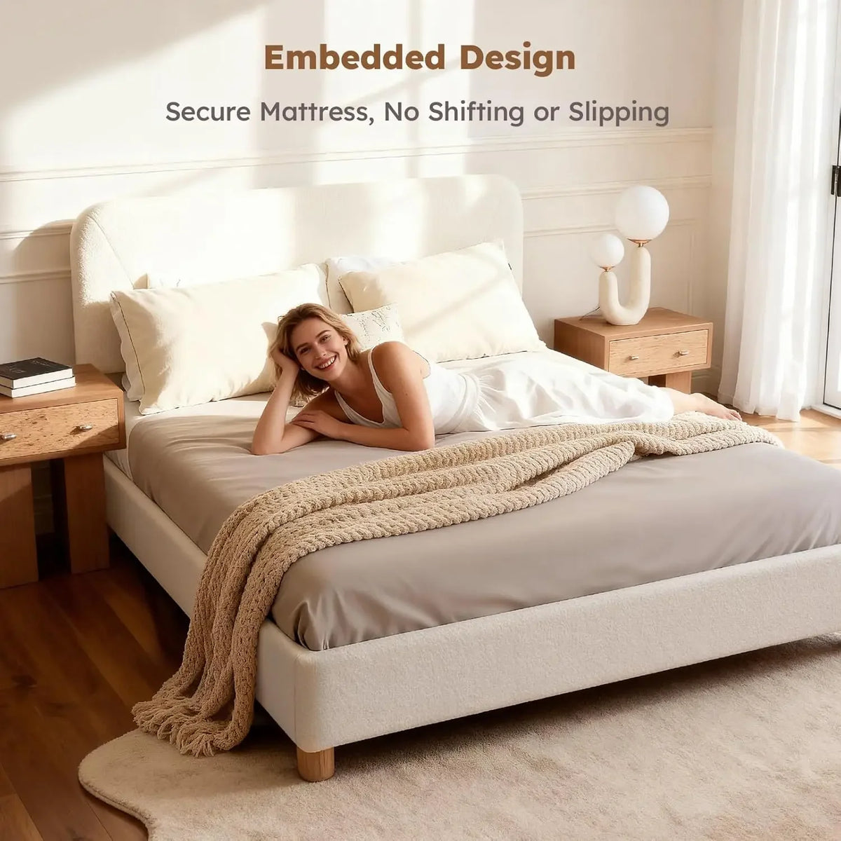 Queen Size Cloud Bed Frame, Soft Boucle Bed Frame with Adjustable Headboard, Solid Wood Legs, Rounded Corners, Customized