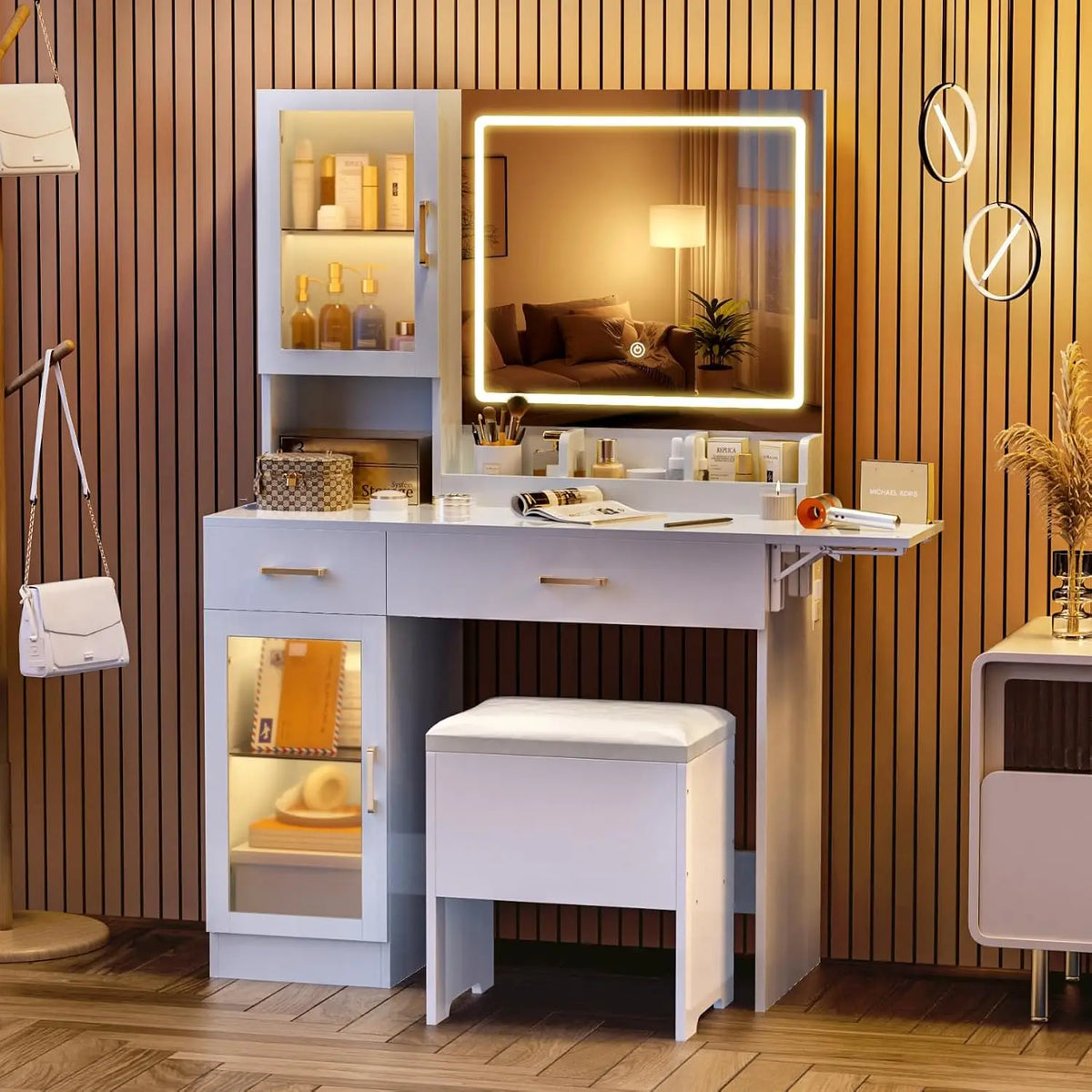 Vanity Desk with Mirror & LED Lights, Makeup Table with Stool & Storage Drawers for Bedroom, Customized