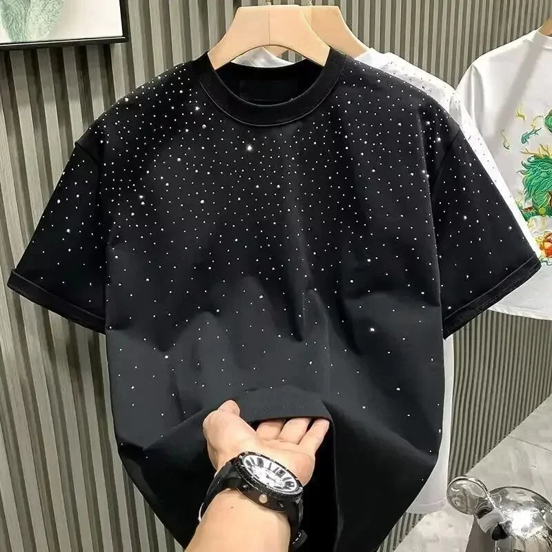 Summer Men Clothing Summer Rhinestone Rivet T-Shirt Round Neck Casual T-Shirt Korean Version Men'S Short Sleeves Tee