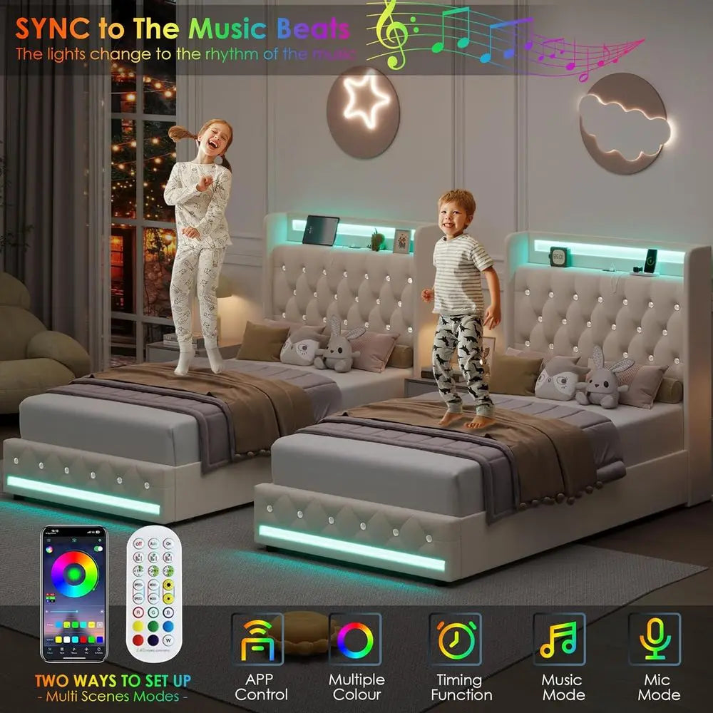 HIIT ull LED Bed e with Charging Station and 2 Storage Ders, Velvet Upholstered Platorm Bed with Handcrated Crystal Button Wingb