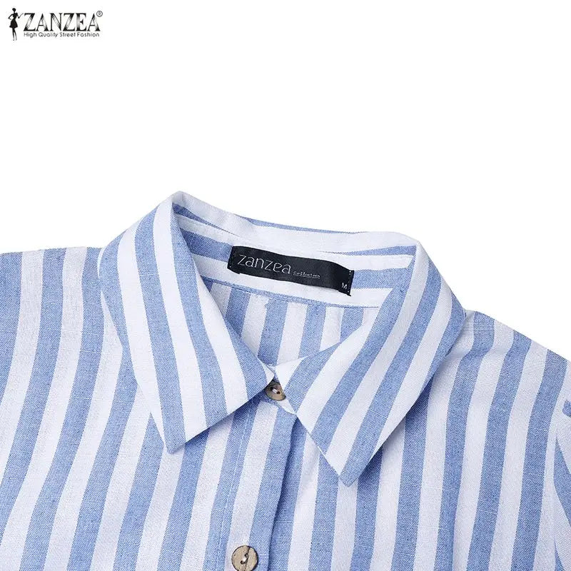 Summer Casual Short Sleeve Striped Midi Dress Women Turn-Down Collar Ruffled Hem Dresses ZANZEA Everyday Wear A-Line Vestidos