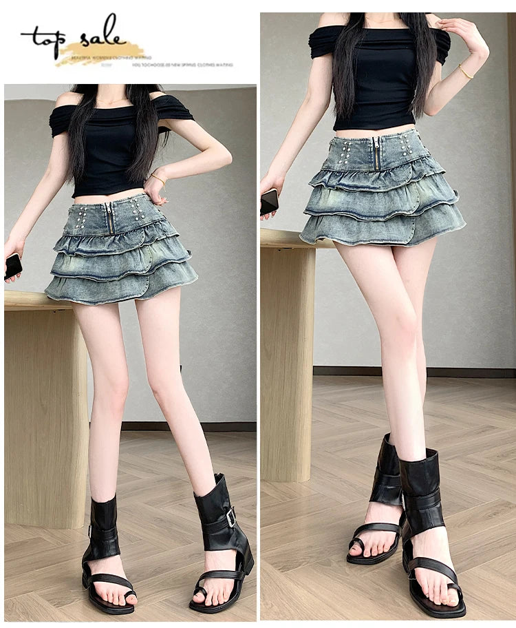 Summer Retro 2026 Korean Fashion Vacation Versatile Sexy Denim Cake Pleated Mini Skirt Women's High Waist Ruffle Short Skirt