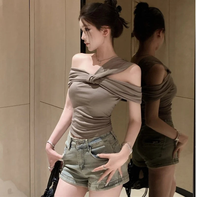 Korean Style Sexy One Shoulder  Knot Neckline Thin Summer Slimming T-Shirt Women's Fashionable Short Sleeve Top